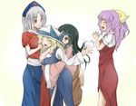  ^_^ arm_around_neck arm_up barefoot black_hair blonde_hair blush breasts closed_eyes dress grin hair_ribbon hand_in_hair hand_on_another's_chest hat hat_ribbon houraisan_kaguya hug hug_from_behind lavender_hair leg_up long_hair looking_at_another medium_breasts multiple_girls nurse_cap open_mouth ponytail puffy_short_sleeves puffy_sleeves red_eyes ribbon sash shamisen_(syami_sen) short_sleeves silver_hair simple_background smile touhou very_long_hair watatsuki_no_toyohime watatsuki_no_yorihime white_background yagokoro_eirin 