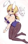  animal_ears bare_shoulders black_legwear blonde_hair blue_leotard blush breasts bunny bunny_ears bunny_girl bunny_tail bunnysuit charlotte_dunois cleavage detached_collar hair_ribbon highres infinite_stratos kawase_seiki large_breasts leotard open_mouth pantyhose ponytail purple_eyes ribbon short_hair simple_background smile solo tail white_background wrist_cuffs 