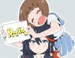  black_hair blue_sailor_collar blue_skirt brown_hair holding holding_sign kill_la_kill mankanshoku_mako matoi_ryuuko multiple_girls sailor_collar school_uniform serafuku sign skirt smile sweatdrop v yoneyama_mai 