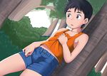  1boy artist_request black_hair bulge child clothes_grab forest grey_eyes male male_focus nature outdoors raven1224 shirt shorts shota sleeveless sleeveless_shirt solo source_request yaoi 