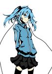  absurdres arms_behind_back bad_id bad_pixiv_id black_skirt blue_eyes blue_hair cable ene_(kagerou_project) hair_over_one_eye headphones highres jacket kagerou_project matsukei skirt smile solo striped_sleeves thighhighs track_jacket twintails zettai_ryouiki zipper 