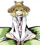  :o bad_id bad_pixiv_id blonde_hair butterfly_sitting cushion green_eyes highres knees long_sleeves matsukei moriya_suwako open_mouth sandals sitting sleeves_past_wrists solo toes touhou wide_sleeves 