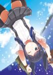  asashio_(kantai_collection) black_hair blue_eyes clenched_teeth highres kantai_collection long_hair one_eye_closed school_uniform skirt solo suspenders suzumeko teeth thighhighs upside-down wince 