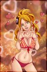 1girl bikini blonde_hair bracelet breasts cleavage earrings fairy_tail flower green_eyes heart jenny_realight jewelry large_breasts long_hair red_bikini solo swimsuit tongue tongue_out 