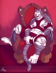  amber_eyes anthro armor bandage biceps big_muscles black_fur body_markings bulge claws fangs feline fur grope helmet king_tiger_wanghu male mammal markings modem_redpill muscles nipples open_mouth pecs pink_nose pose reclining sabertooth sitting solo spread_legs spreading stripes teeth throne tiger toe_claws toned tongue tusks white_fur yellow_eyes yu-gi-oh 