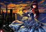  absurdres breasts cityscape cleavage closed_eyes dress evening gloves highres instrument kinven long_hair medium_breasts music original playing_instrument purple_hair solo star_(sky) violin white_gloves 