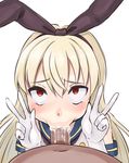  1boy 1girl :&gt;= ahegao blonde_hair blush brown_eyes clothed clothed_female_nude_male cum cum_in_mouth cumdrip double_v erection fellatio heart heart-shaped_pupils kantai_collection long_hair looking_at_viewer looking_up male_pubic_hair nude oral penis pubic_hair rattan_tantaka saliva shimakaze_(kantai_collection) simple_background symbol-shaped_pupils uncensored v veins veiny_penis white_background 
