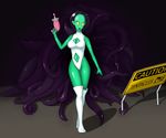  alien big_breasts boots breasts caution_sign female green_skin helmet ray_gun swimsuit tentacles yellow_eyes 