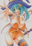  alternate_costume aqua_hair between_breasts blue_eyes breasts cleavage colored_pencil_(medium) daiyousei fairy_wings groin huge_breasts leotard marker_(medium) millipen_(medium) necktie necktie_between_breasts open_mouth orange_leotard outstretched_arm outstretched_hand revealing_clothes side_ponytail simple_background smile solo striped striped_legwear thighhighs touhou traditional_media white_background wings yutakasan-love 
