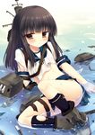  black_hair blush boots brown_eyes crop_top crop_top_overhang frown hatsuyuki_(kantai_collection) highres kantai_collection long_hair midriff miyasu_risa panties partially_submerged pleated_skirt school_uniform serafuku skirt solo tears torn_clothes torn_skirt underwear water 