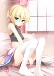  aibumi bad_id bad_pixiv_id blonde_hair green_eyes highres light_particles looking_at_viewer midriff mizuhashi_parsee petals pillow pointy_ears sitting skirt solo strapless thighhighs touhou tubetop white_legwear window 