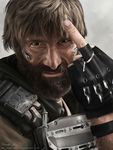  armor beard black_eyes body_hair brown_hair c._m._kruger cyberpunk cyborg elysium_(movie) facial_hair fingerless_gloves gloves insult looking_at_viewer manly middle_finger non-web_source realistic science_fiction signature soldier vest 
