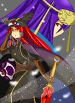  2girls arc_system_works blazblue blue_eyes cabernet cape expressionless gloves hades_izanami hair_ornament hair_tubes hand_on_face hand_on_own_face hat long_hair mikado_(blazblue) military military_uniform multiple_girls parted_lips ponytail purple_hair red_eyes red_hair shaded_face sword tsubaki_yayoi uniform weapon 