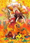  aki_minoriko aki_shizuha apron autumn_leaves bad_id bad_pixiv_id blonde_hair breasts closed_eyes dress dress_shirt fan folding_fan food fruit grapes hair_ornament hat highres leaf long_sleeves mary_janes medium_breasts multiple_girls nekoita red_eyes shirt shoes short_hair siblings sisters smile touhou tree 