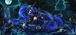  blue_fur blue_hair crown cutie_mark equine female feral firefly friendship_is_magic full_moon fur grass hair horn horse lily_pad long_hair lying mammal moon my_little_pony night on_side outside peterparkerworks pony princess_luna_(mlp) royalty smile solo tree typha water waterfall wet winged_unicorn wings 