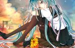  aqua_eyes aqua_hair flower hatsune_miku highres loafers long_hair looking_at_viewer nail_polish pantyhose school_uniform serafuku shoes single_shoe sitting skirt solo togashi_(choco-bakama_kitchen) torii very_long_hair vocaloid 