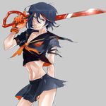  bad_id bad_pixiv_id black_hair gloves grey_background kill_la_kill matoi_ryuuko midriff miz_17 multicolored_hair red_hair school_uniform scissor_blade senketsu serafuku simple_background skirt sword torn_clothes two-tone_hair weapon 