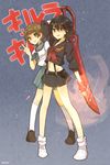  bad_id bad_pixiv_id black_hair blue_eyes blue_sailor_collar blue_skirt brown_eyes brown_hair heart highlights kill_la_kill kneehighs mankanshoku_mako matoi_ryuuko midriff multicolored_hair multiple_girls navel ohina sailor_collar school_uniform scissor_blade senketsu shoes short_hair short_sleeves signature skirt socks v weapon 