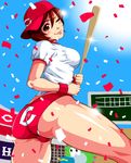  absurdres ass baseball_bat baseball_cap brown_eyes brown_hair buruma confetti hat highres lips looking_at_viewer one_eye_closed original panties panties_under_buruma pleasure-treasure short_hair smile solo thighs underwear white_panties 