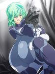  1girl angry bodysuit breasts covered_nipples curvy erect_nipples formal gigantic_breasts green_hair gun highres knees latex legs mnjs nipples original shiny skin_tight solo suit weapon 