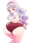  ass ass_grab bad_anatomy blush buruma grabbing_own_ass gym_uniform hairband hogeroh huge_ass idolmaster idolmaster_(classic) leaning_forward long_hair looking_at_viewer looking_back red_eyes shijou_takane silver_hair solo 