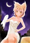  bare_shoulders blonde_hair collarbone highres looking_at_viewer naked_towel night porurin sky smile solo star_(sky) starry_moon starry_sky touhou towel toyosatomimi_no_miko wet yellow_eyes 