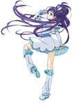  8041mm arm_warmers back boots cure_white dress earrings futari_wa_precure gloves hair_ornament half_updo heart highres jewelry knee_boots leg_up leg_warmers long_hair looking_back magical_girl precure purple_eyes purple_hair solo white_footwear yukishiro_honoka 