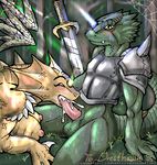  armor blush breasts cum cum_in_mouth cum_inside dragon duo fellatio female green_scales male nipples non-mammal_breasts oral oral_sex outside penis scale scalie sex sitting straight sweat sword weapon zidanerfox 