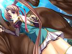  1girl ahoge bachou blush brown_hair dress dutch_angle game_cg hair_ribbon horse koihime_musou long_hair looking_back outdoors panties pantyshot pink_eyes ponytail ribbon skirt thighhighs underwear upskirt very_long_hair white_legwear yatsuha_kanan 