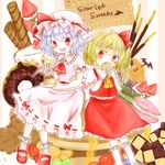  ascot bat bat_wings blonde_hair bread candy checkerboard_cookie cookie doughnut eating fang flandre_scarlet food hat hat_ribbon macaron maru_usagi melon_bread mob_cap multiple_girls open_mouth pancake plate pocky pudding puffy_sleeves red_eyes remilia_scarlet ribbon shirt short_sleeves siblings side_ponytail sisters skirt skirt_set smile spoon sprinkles stack_of_pancakes touhou vest wings wrist_cuffs 