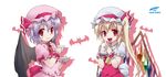  bat blonde_hair bow byeontae_jagga coffee_mug cup fang flandre_scarlet hat hat_bow lavender_hair mob_cap mug multiple_girls open_mouth red_eyes remilia_scarlet saucer side_ponytail simple_background teacup touhou white_background wings wrist_cuffs 