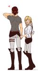  bad_id bad_tumblr_id blonde_hair blush boots brown_hair christa_renz closed_eyes from_behind height_difference holding_hands knee_boots multiple_girls older pants shingeki_no_kyojin shirt short_hair short_ponytail sleeves_rolled_up smile suspenders t-shirt tall ymir_(shingeki_no_kyojin) yuri z-end 