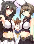  armpits between_breasts black_hair breasts brown_eyes brown_hair dress gloves green_eyes groin hairband head_between_breasts headgear highres kantai_collection large_breasts looking_at_viewer machinery midriff multiple_girls mutsu_(kantai_collection) nagato_(kantai_collection) navel sailor_dress smile sorano_(12gou) triangle_mouth yukikaze_(kantai_collection) 