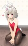  androgynous animal_ears bad_id bad_pixiv_id blush bunny_boy bunny_ears bunny_tail bunnysuit collarbone erubo flat_chest flower hair_ornament heart kneeling leotard looking_at_viewer male_focus original otoko_no_ko pantyhose red_eyes red_leotard revision silver_hair sleeveless smile solo tail yohane_bonaventura 