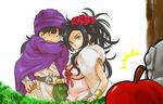  1girl black_hair blue_eyes bracelet breasts cape chinyan cleavage deborah dragon_quest dragon_quest_v earrings evil_apple feather_boa flower hair_flower hair_ornament hero_(dq5) hoop_earrings husband_and_wife jewelry long_hair medium_breasts mole necklace red_flower red_rose rose slime_knight sweatdrop turban 