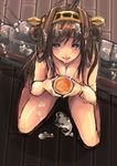  1girl blush breasts brown_hair cum cum_on_floor cumdrip facial female heart heart-shaped_pupils highres holding indoors kantai_collection kongou_(kantai_collection) long_hair looking_up motida nude open_mouth purple_eyes sitting solo symbol-shaped_pupils tea 