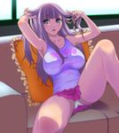  aqua_eyes armpits blush breasts clothes_writing cnj_(artist) collarbone couch frilled_pillow frills hair_tousle highres large_breasts lips long_hair miniskirt original panties pantyshot pantyshot_(sitting) pillow purple_hair sitting skirt solo tank_top underwear white_panties window 