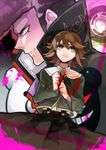  aguruma_(yukisita03) blood brown_eyes brown_hair danganronpa danganronpa_1 fujisaki_chihiro grin long_hair male_focus monokuma multiple_boys oowada_mondo otoko_no_ko purple_eyes skirt smile tears 