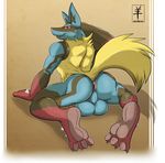  3_toes aaron_(artist) anthro anus back back_turned balls barefoot beige_background biceps big_balls big_butt big_muscles black_fur blue_fur butt canine claws erection evolution fur happy hi_res looking_at_viewer looking_back lucario male mammal mega_evolution mega_lucario muscles nintendo nude open_mouth penis pok&#233;mon pok&eacute;mon raised_tail red_eyes smile solo video_games 