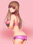  ass breast_hold breasts brown_eyes brown_hair butt_crack cnj_(artist) covered_nipples elf highres large_breasts long_hair original pink_background pointy_ears short_shorts shorts simple_background smile solo 