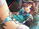  1girl aqua_panties bachou brown_hair cameltoe dutch_angle game_cg koihime_musou long_hair panties pantyshot pink_eyes ponytail thighhighs underwear uniform white_legwear yatsuha_kanan 