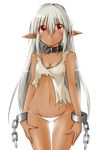  1girl breasts chains cleavage collar cowboy_shot dark_elf dark_skin elf elf_ears leg_hold long_ears long_hair looking_at_viewer lowleg lowleg_panties mound_of_venus navel panties pointy_ears red_eyes shiny shiny_skin silver_hair simple_background skindentation slave solo standing thigh_gap thighs torn_clothes underwear white_background white_hair white_panties 