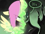  anthro anthrofied changeling dialog english_text englishj_text equine female fluttershy_(mlp) friendship_is_magic green_eyes hair horse looking_at_viewer mammal my_little_pony pegasus pink_hair pony sharp_teeth solo swomswom teeth text transformation wave waving wings 