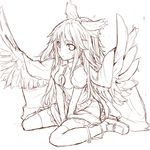  bow hiraga_matsuri long_hair monochrome reiuji_utsuho simple_background sitting skirt solo touhou v_arms wariza white_background wings 