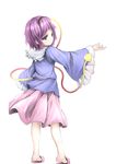  :o blouse from_behind headband heart komeiji_satori lavender_hair long_sleeves looking_at_viewer looking_back lv21 no_socks open_hand outstretched_arm pink_skirt purple_eyes purple_hair simple_background skirt slippers solo touhou white_background wide_sleeves 