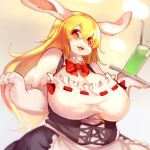  2018 4_fingers anthro atode_kimeru beverage big_breasts blonde_hair breasts buckteeth cleavage clothed clothing eyebrows eyelashes female fur hair half-length_portrait happy holding_object huge_breasts kemono lagomorph long_ears long_hair looking_at_viewer low-angle_view mammal open_mouth portrait rabbit red_eyes ribbons solo teeth waiter white_fur 