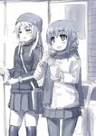  beanie blush breath cup duffel_coat greyscale hair_ornament hairclip hat hiraga_matsuri holding holding_cup jacket long_hair monochrome multiple_girls open_mouth original outdoors over-kneehighs pantyhose pleated_skirt scarf skirt standing thighhighs track_jacket 