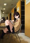  bad_id bad_pixiv_id black_hair book bookshelf brown_hair cardigan chair highres library multiple_girls onsen_nakaya original reading school_uniform shelf short_hair sitting skirt sleeping smile sweater 