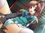  1girl aqua_panties bachou brown_hair cameltoe dutch_angle game_cg koihime_musou long_hair panties pantyshot pink_eyes ponytail thighhighs underwear uniform white_legwear yatsuha_kanan 