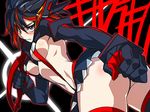  ass black_hair blue_eyes blush breasts from_behind glint highres k6 kill_la_kill looking_back matoi_ryuuko medium_breasts multicolored_hair navel red_hair revealing_clothes school_uniform scissor_blade senketsu short_hair skirt suspenders sword thighhighs two-tone_hair underboob weapon 